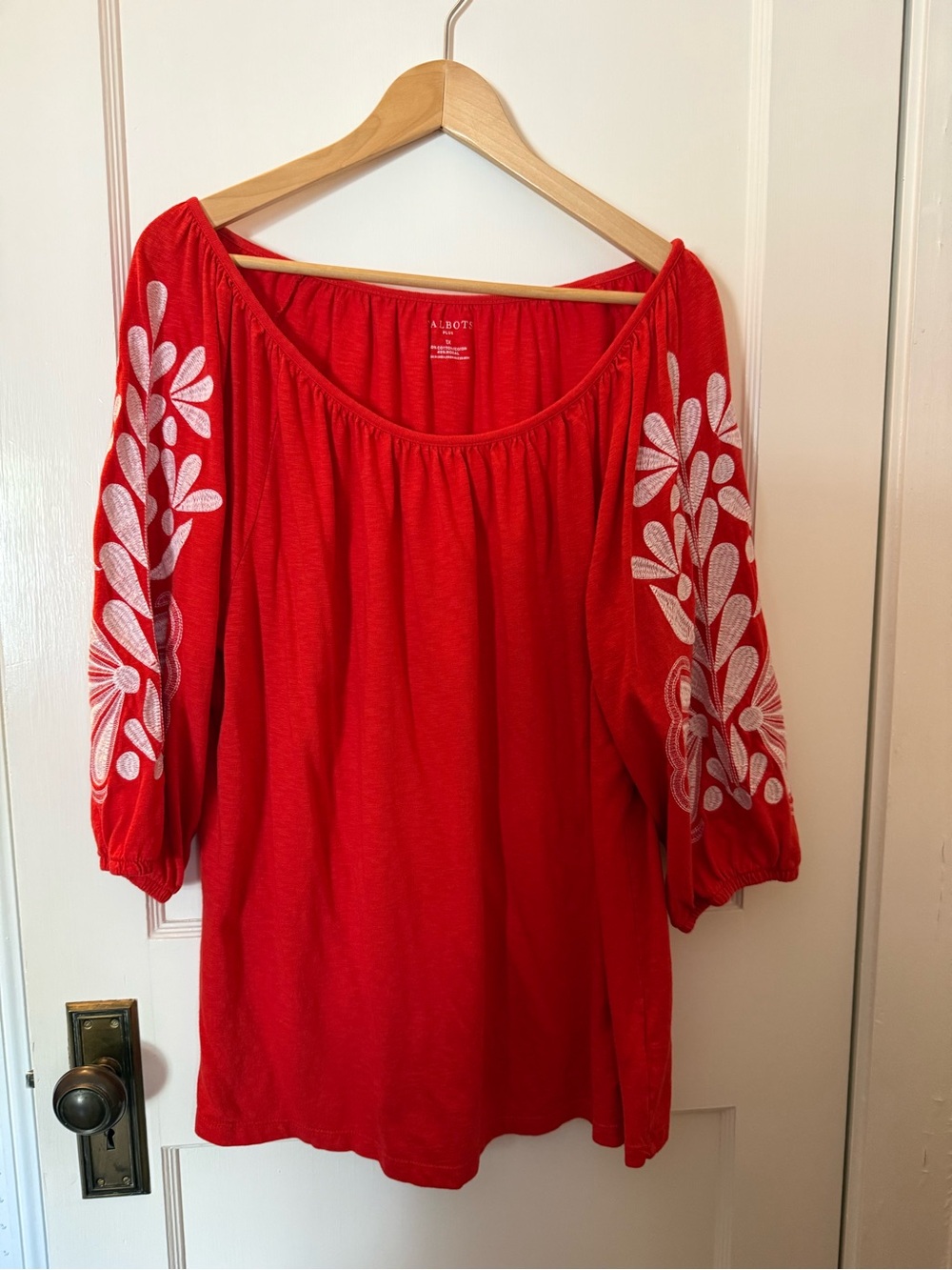 Talbots Red Peasant-Style 3/4 Sleeve Tee
with White Floral Embroidery on Sleeev